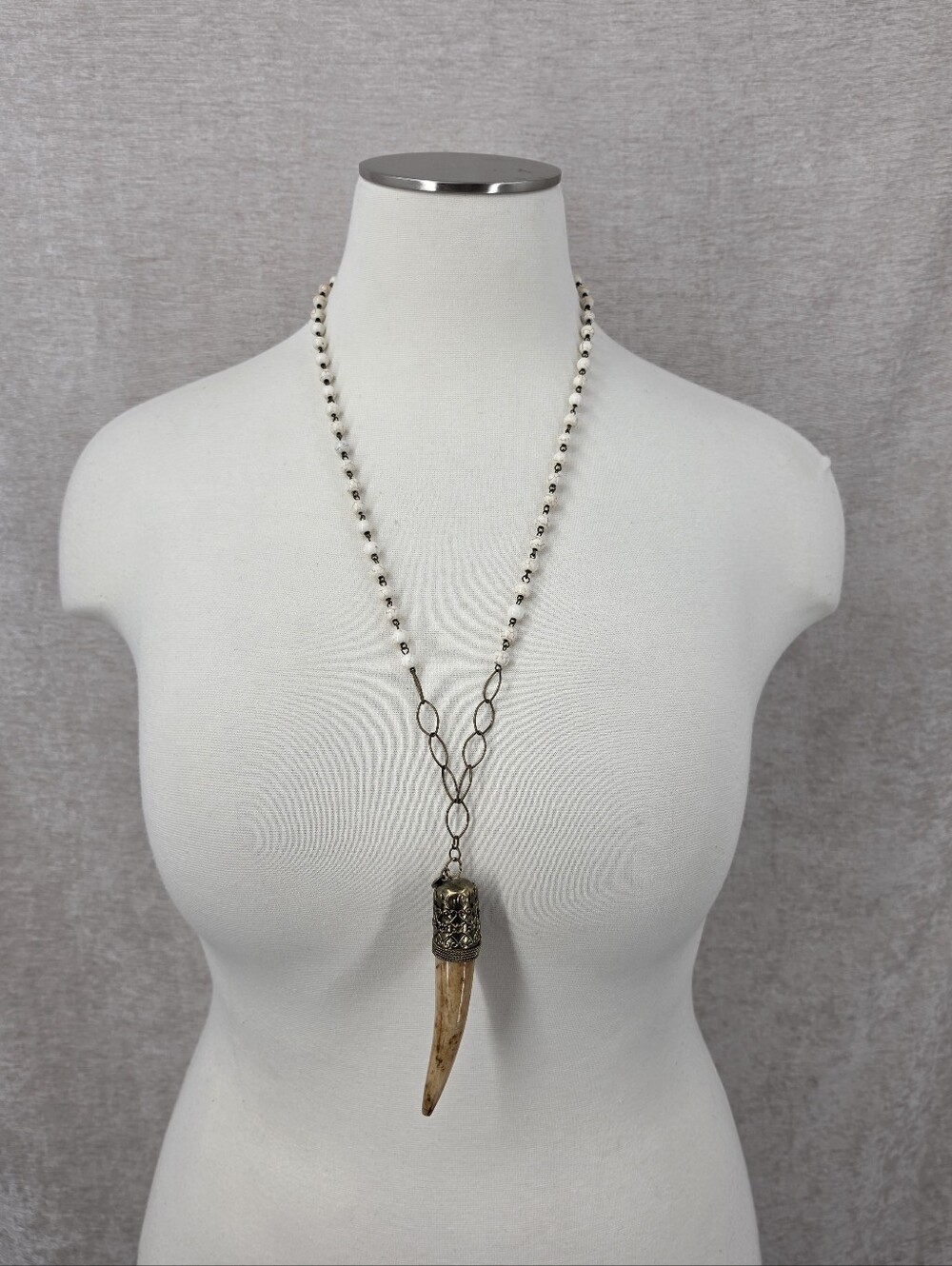 Vintage Stone Beaded Horn Pendant Necklace Brass Filigree Pendant Western